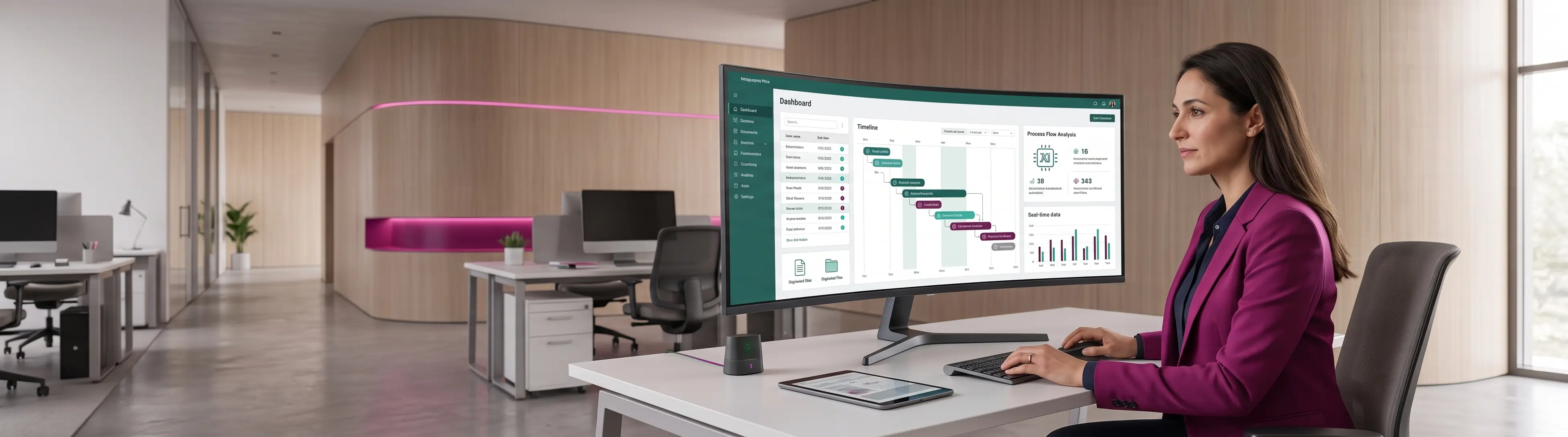 Mujer trabajando con herramientas digitales para automatizar procesos