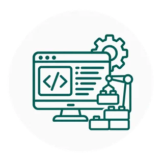 Icono de desarrollo de una solución digital, representado con código, una pantalla y bloques tecnológicos