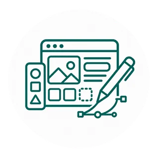 Icono de diseño de una solución digital, representado con una interfaz y un lápiz de diseño