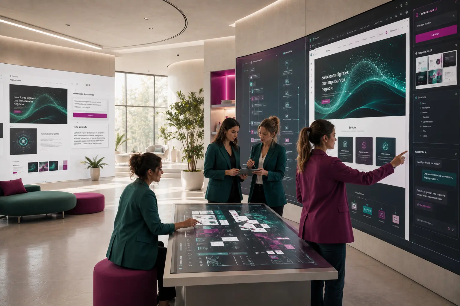 Equipo de mujeres profesionales colaborando en el diseño de soluciones web e inteligencia artificial mediante interfaces digitales integradas en un espacio tecnológico contemporáneo.