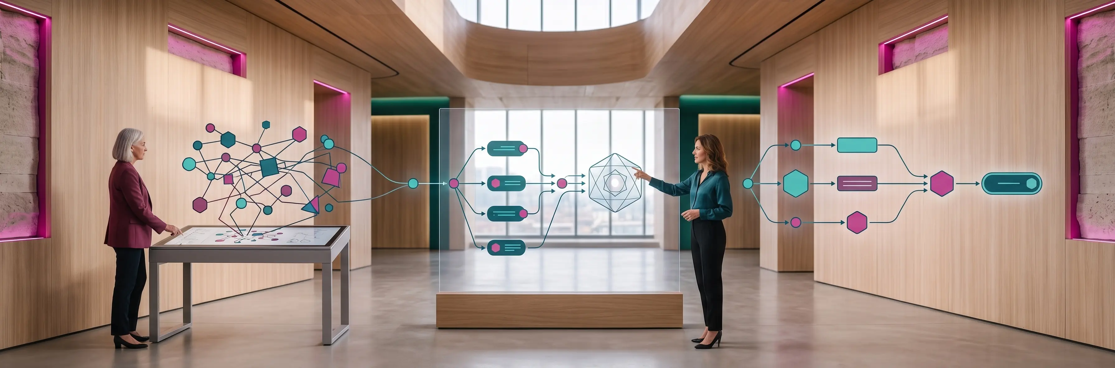 Concepto visual de Automatización y Productividad mostrando diagramas de flujos de trabajo eficientes y procesos interconectados en pantallas transparentes en un entorno corporativo sofisticado.