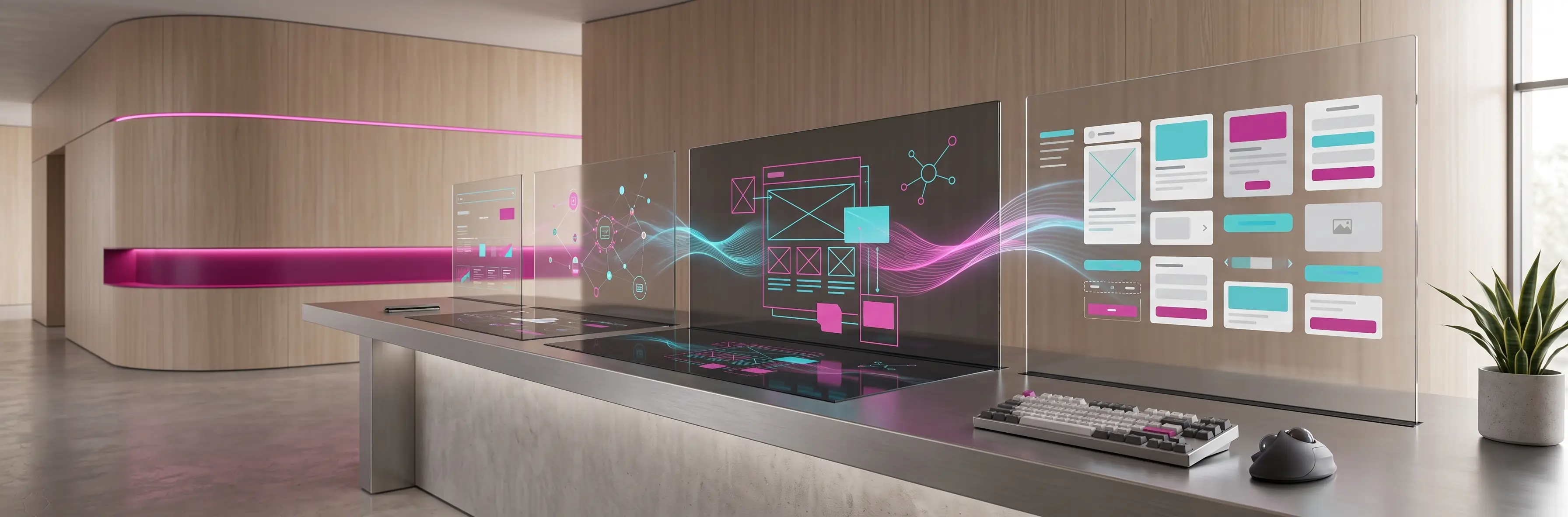 Representación conceptual de Desarrollo Web mostrando estructuras de diseño y maquetas de interfaces digitales en pantallas de cristal sobre un escritorio moderno y arquitectónico.
