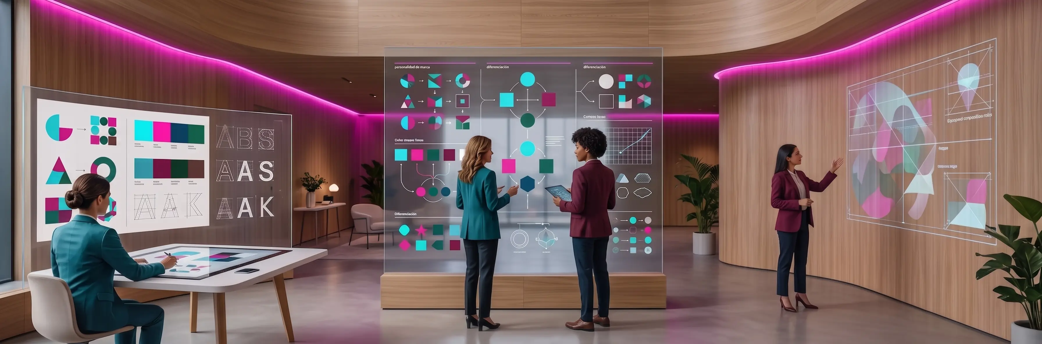 Representación visual de Identidad y Marca donde varios profesionales analizan esquemas geométricos, paletas de color y estructuras de diseño en pantallas holográficas dentro de un espacio minimalista.