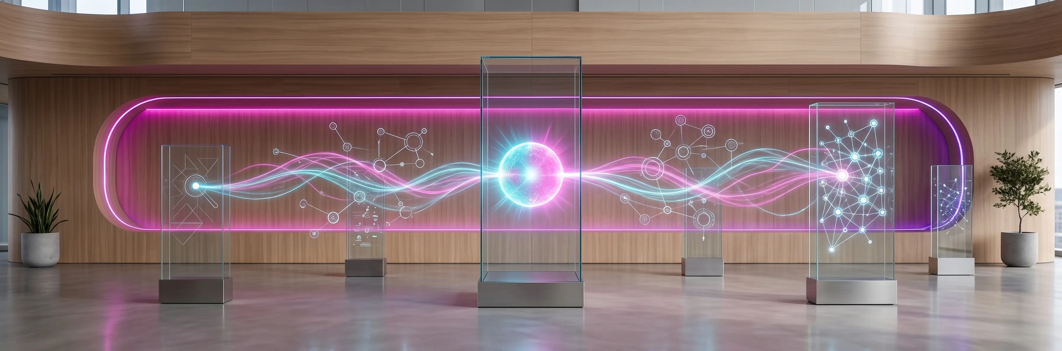 Composición conceptual sobre Presencia Digital que ilustra nodos interconectados y flujos de datos luminosos expandiéndose a través de vitrinas transparentes en un entorno tecnológico y elegante.