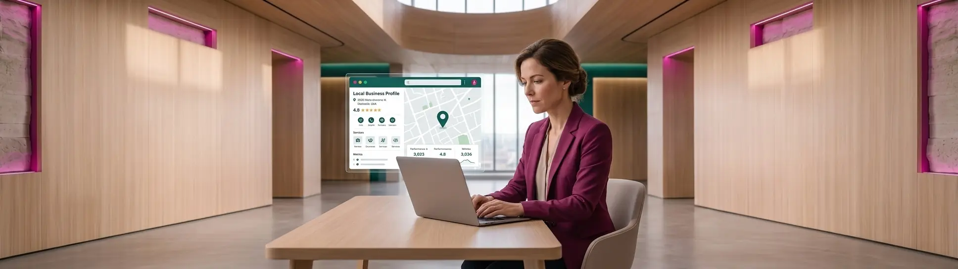 Mujer trabajando en la presencia digital de un negocio
